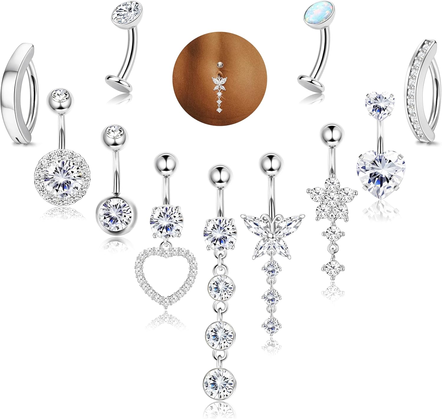 14K Gold Plated Belly Button Ring - Hypoallergenic Surgical Stainless Steel Belly Rings for Women 14G CZ Heart Clicker Floating Belly Button Piercing Pack Dangle Navel Rings Piercing Jewelry - 我的商店我的商店我的商店