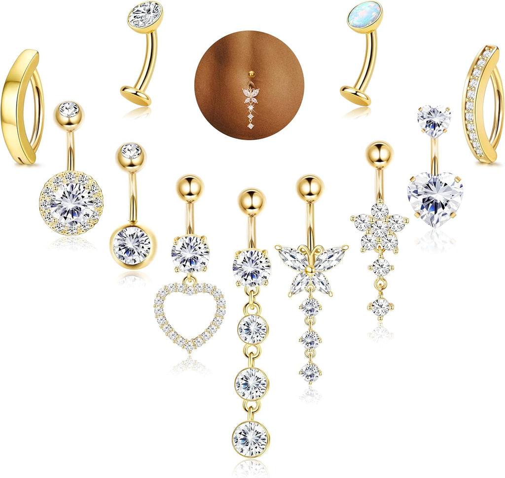 14K Gold Plated Belly Button Ring - Hypoallergenic Surgical Stainless Steel Belly Rings for Women 14G CZ Heart Clicker Floating Belly Button Piercing Pack Dangle Navel Rings Piercing Jewelry - 我的商店我的商店我的商店
