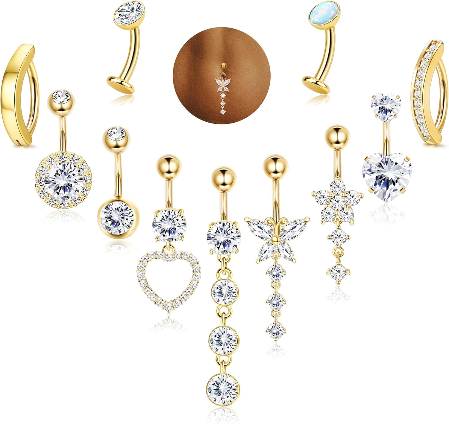 14K Gold Plated Belly Button Ring - Hypoallergenic Surgical Stainless Steel Belly Rings for Women 14G CZ Heart Clicker Floating Belly Button Piercing Pack Dangle Navel Rings Piercing Jewelry - 我的商店我的商店我的商店