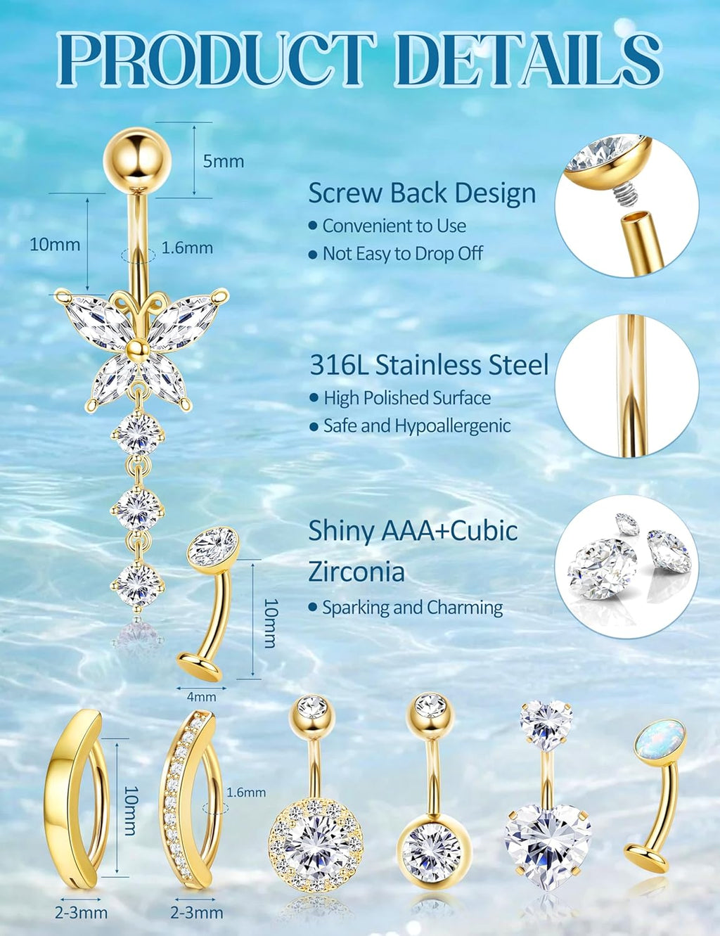 14K Gold Plated Belly Button Ring - Hypoallergenic Surgical Stainless Steel Belly Rings for Women 14G CZ Heart Clicker Floating Belly Button Piercing Pack Dangle Navel Rings Piercing Jewelry - 我的商店我的商店我的商店