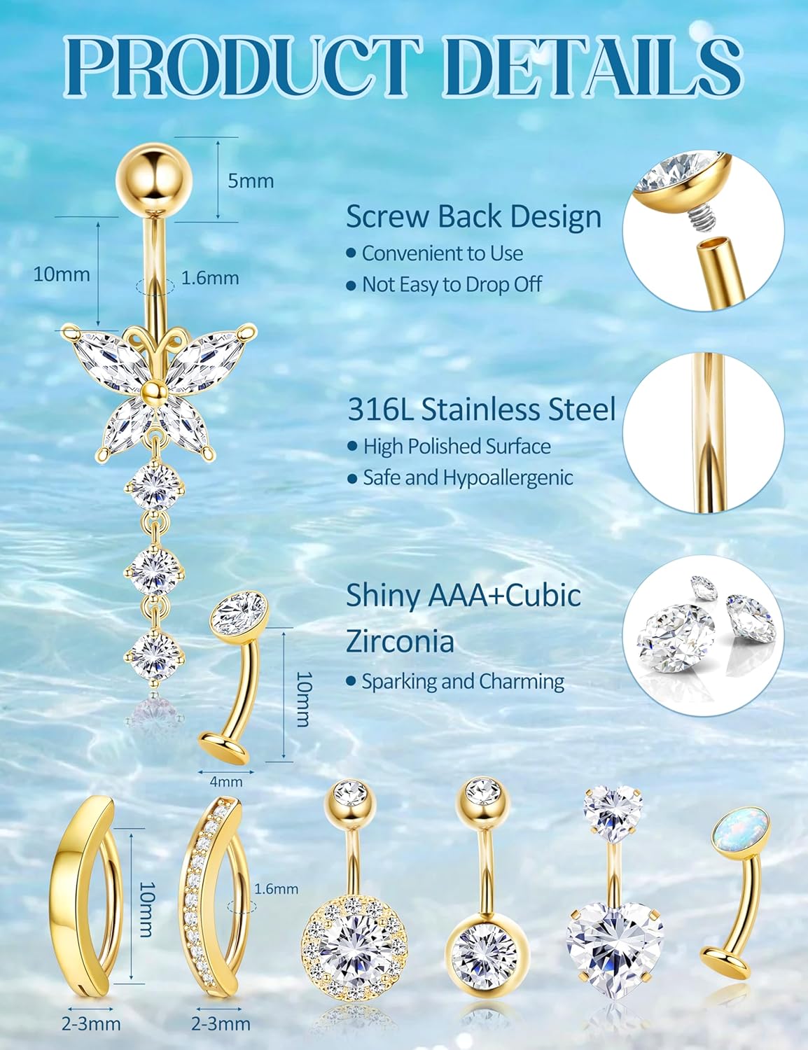 14K Gold Plated Belly Button Ring - Hypoallergenic Surgical Stainless Steel Belly Rings for Women 14G CZ Heart Clicker Floating Belly Button Piercing Pack Dangle Navel Rings Piercing Jewelry - 我的商店我的商店我的商店