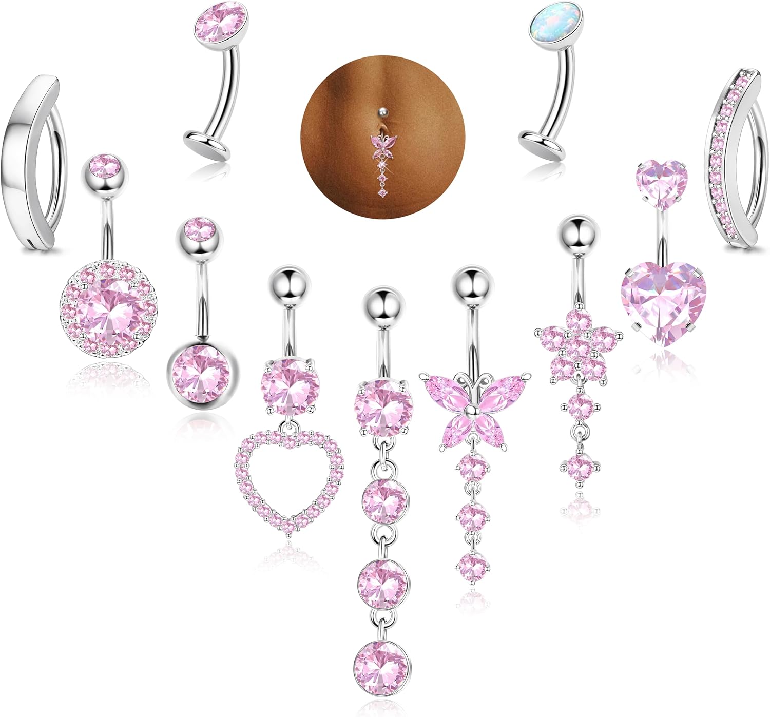 14K Gold Plated Belly Button Ring - Hypoallergenic Surgical Stainless Steel Belly Rings for Women 14G CZ Heart Clicker Floating Belly Button Piercing Pack Dangle Navel Rings Piercing Jewelry - 我的商店我的商店我的商店