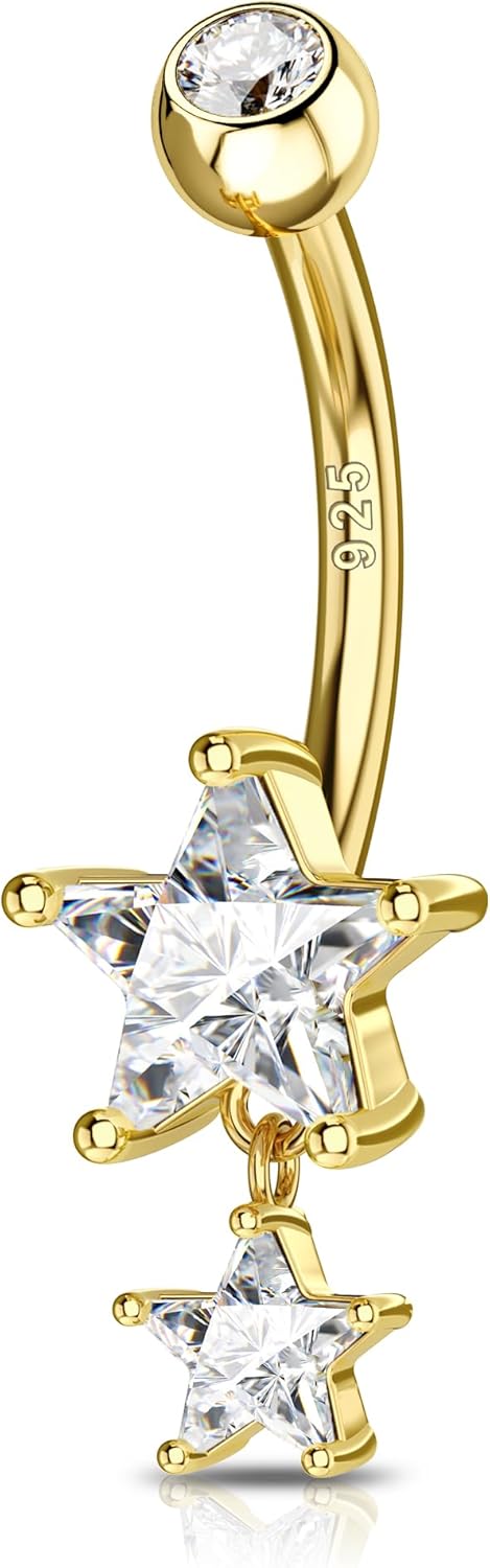 14K Gold Plated Belly Button Rings - Dangle Star 925 Sterling Silver Navel Rings for Women - 14G Belly Piercing Jewelry - 我的商店我的商店我的商店