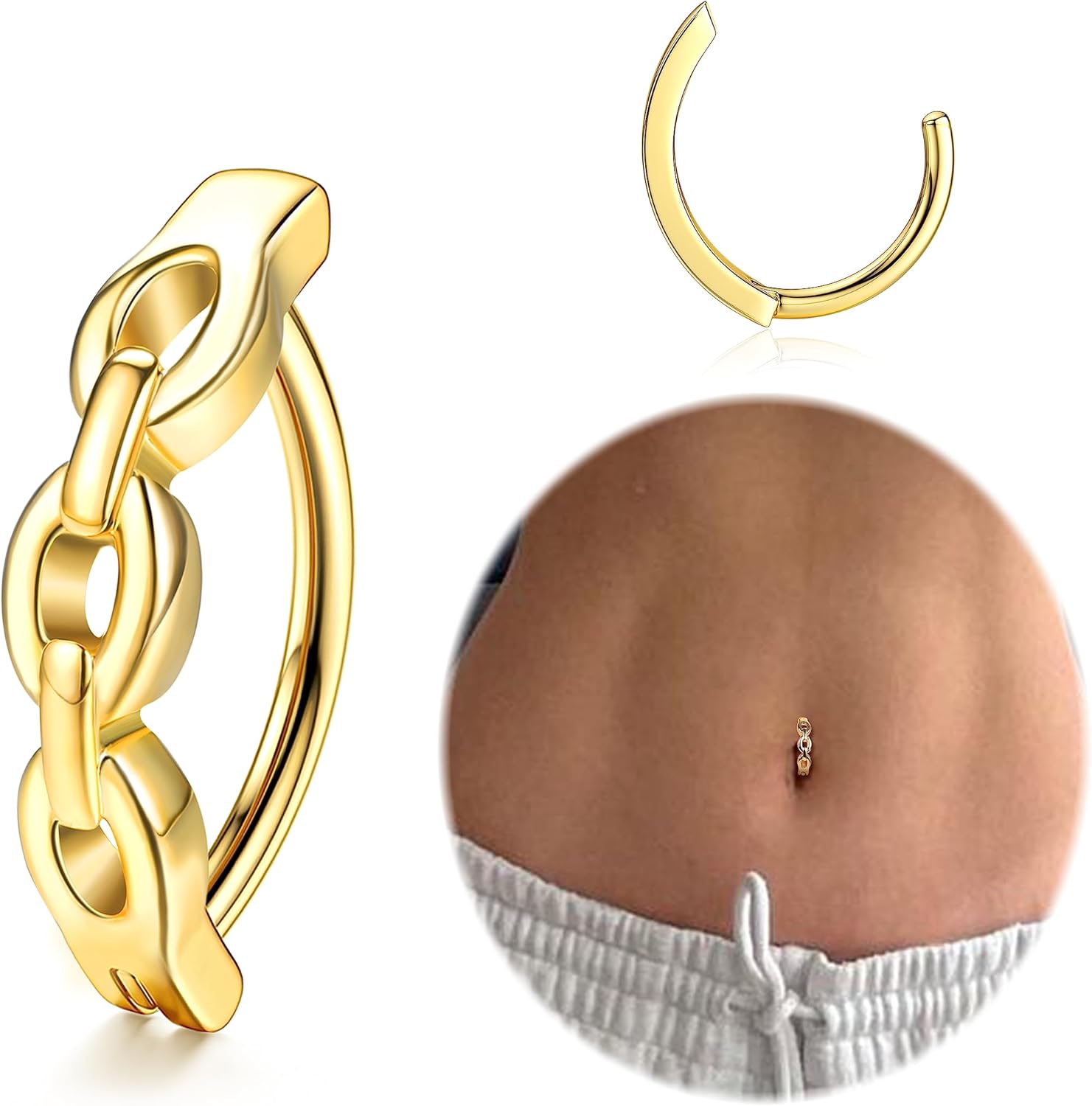 14K Gold Plated Belly Button Rings for Women 316L Surgical Steel Clicker Belly Rings CZ Snake Flower Curved Reverse Navel Rings Belly Piercing Jewelry Barbell 14G - 我的商店我的商店我的商店