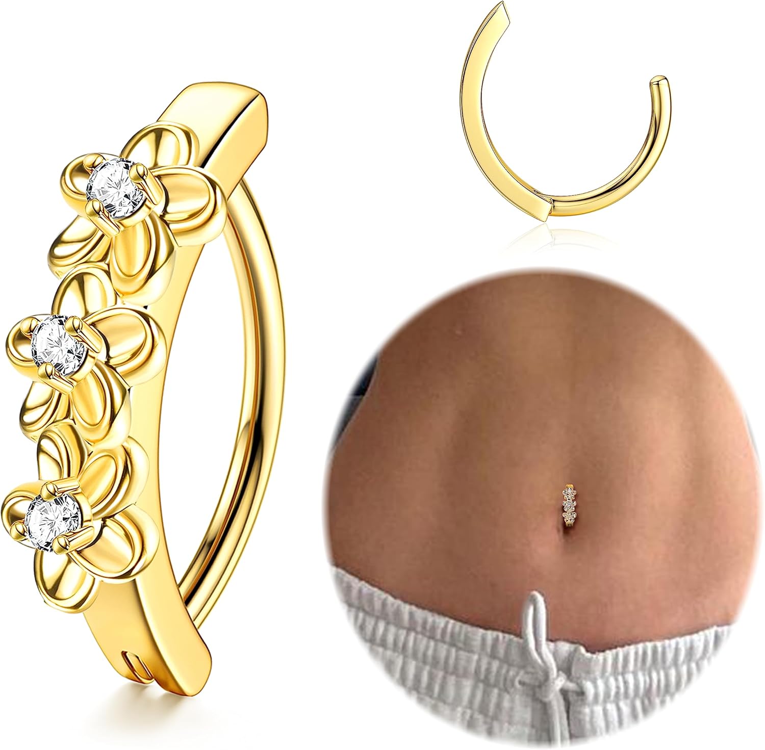14K Gold Plated Belly Button Rings for Women 316L Surgical Steel Clicker Belly Rings CZ Snake Flower Curved Reverse Navel Rings Belly Piercing Jewelry Barbell 14G - 我的商店我的商店我的商店