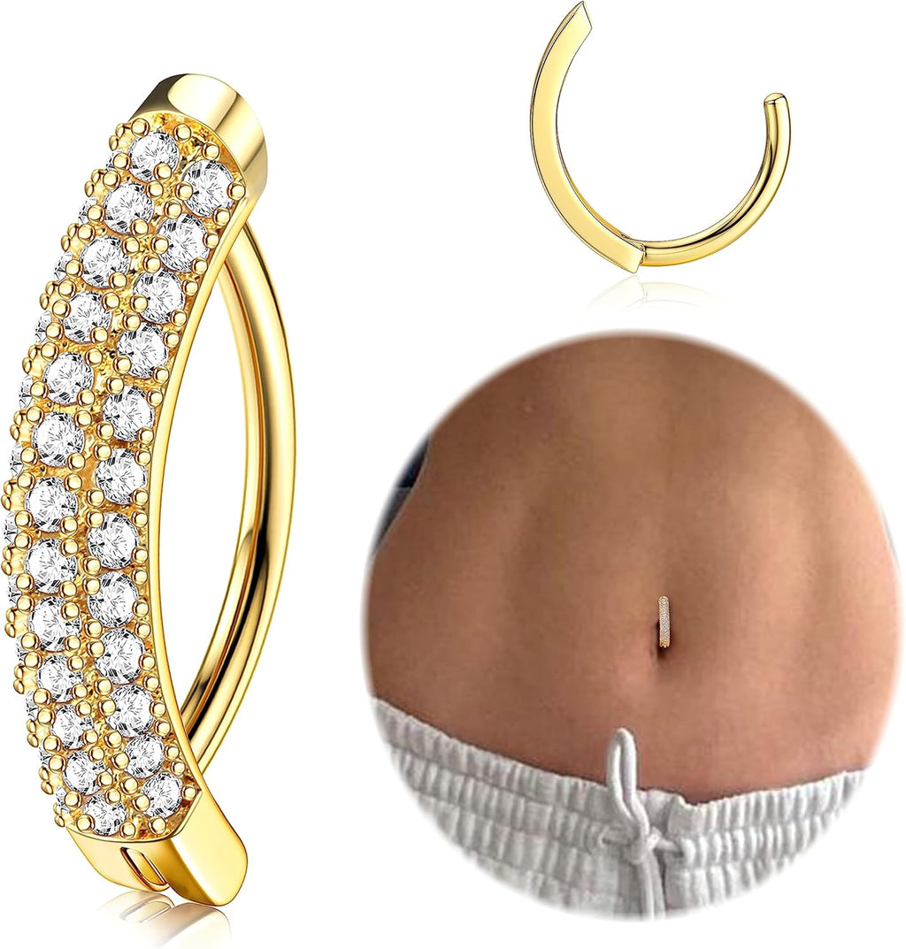 14K Gold Plated Belly Button Rings for Women 316L Surgical Steel Clicker Belly Rings CZ Snake Flower Curved Reverse Navel Rings Belly Piercing Jewelry Barbell 14G - 我的商店我的商店我的商店