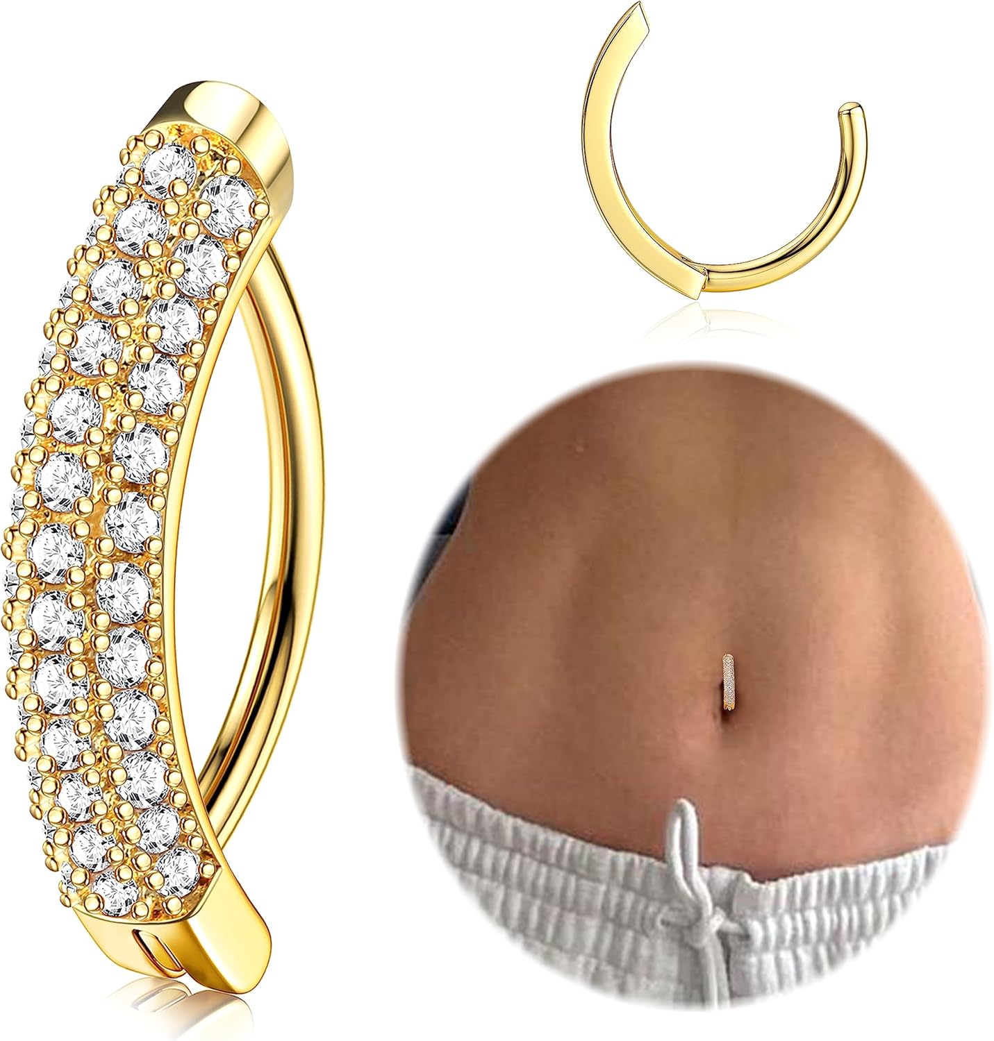 14K Gold Plated Belly Button Rings for Women 316L Surgical Steel Clicker Belly Rings CZ Snake Flower Curved Reverse Navel Rings Belly Piercing Jewelry Barbell 14G - 我的商店我的商店我的商店