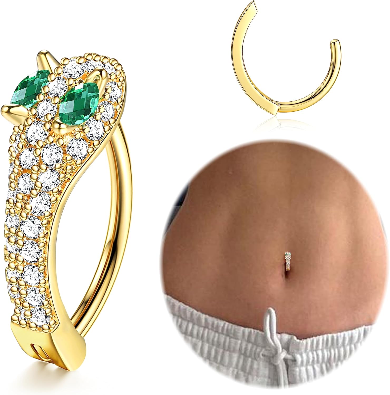 14K Gold Plated Belly Button Rings for Women 316L Surgical Steel Clicker Belly Rings CZ Snake Flower Curved Reverse Navel Rings Belly Piercing Jewelry Barbell 14G - 我的商店我的商店我的商店