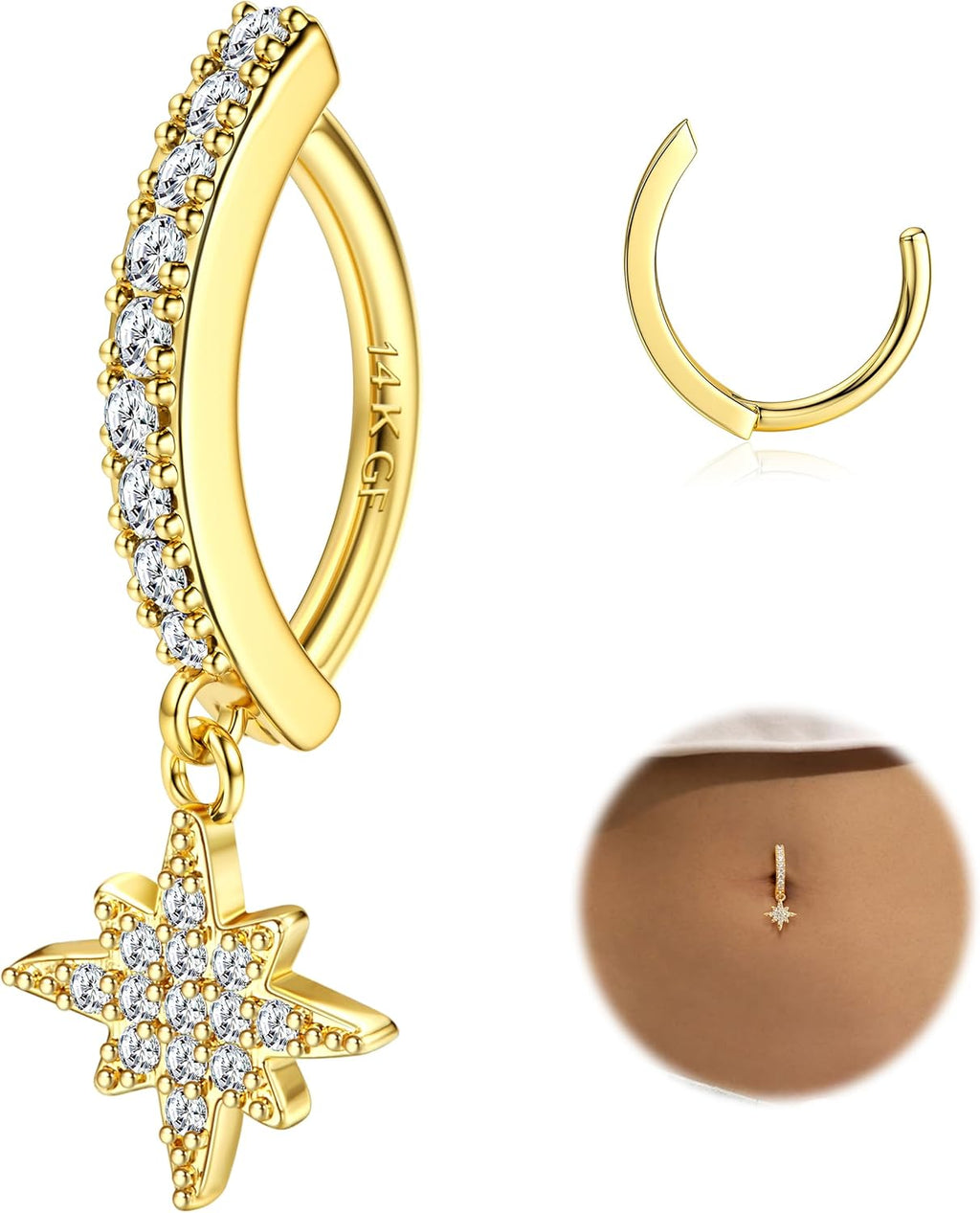 14K Gold Plated Belly Button Rings for Women Clicker Dangle Belly Rings CZ Pearl Star Shells Barbell Navel Rings 316L Surgical Steel Belly Piercing Jewelry 14G - 我的商店我的商店我的商店