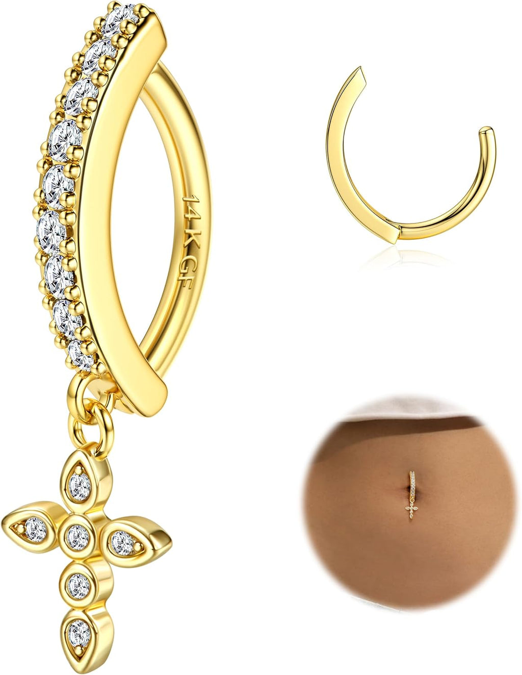 14K Gold Plated Belly Button Rings for Women Clicker Dangle Belly Rings CZ Pearl Star Shells Barbell Navel Rings 316L Surgical Steel Belly Piercing Jewelry 14G - 我的商店我的商店我的商店