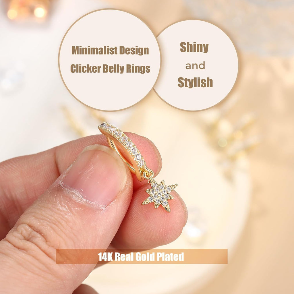 14K Gold Plated Belly Button Rings for Women Clicker Dangle Belly Rings CZ Pearl Star Shells Barbell Navel Rings 316L Surgical Steel Belly Piercing Jewelry 14G - 我的商店我的商店我的商店