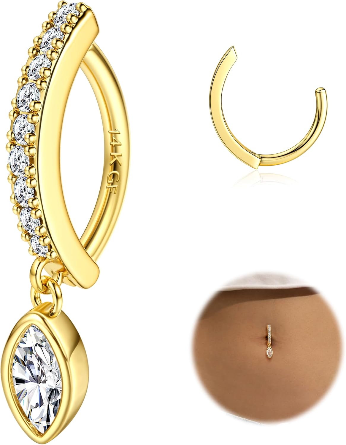 14K Gold Plated Belly Button Rings for Women Clicker Dangle Belly Rings CZ Pearl Star Shells Barbell Navel Rings 316L Surgical Steel Belly Piercing Jewelry 14G - 我的商店我的商店我的商店