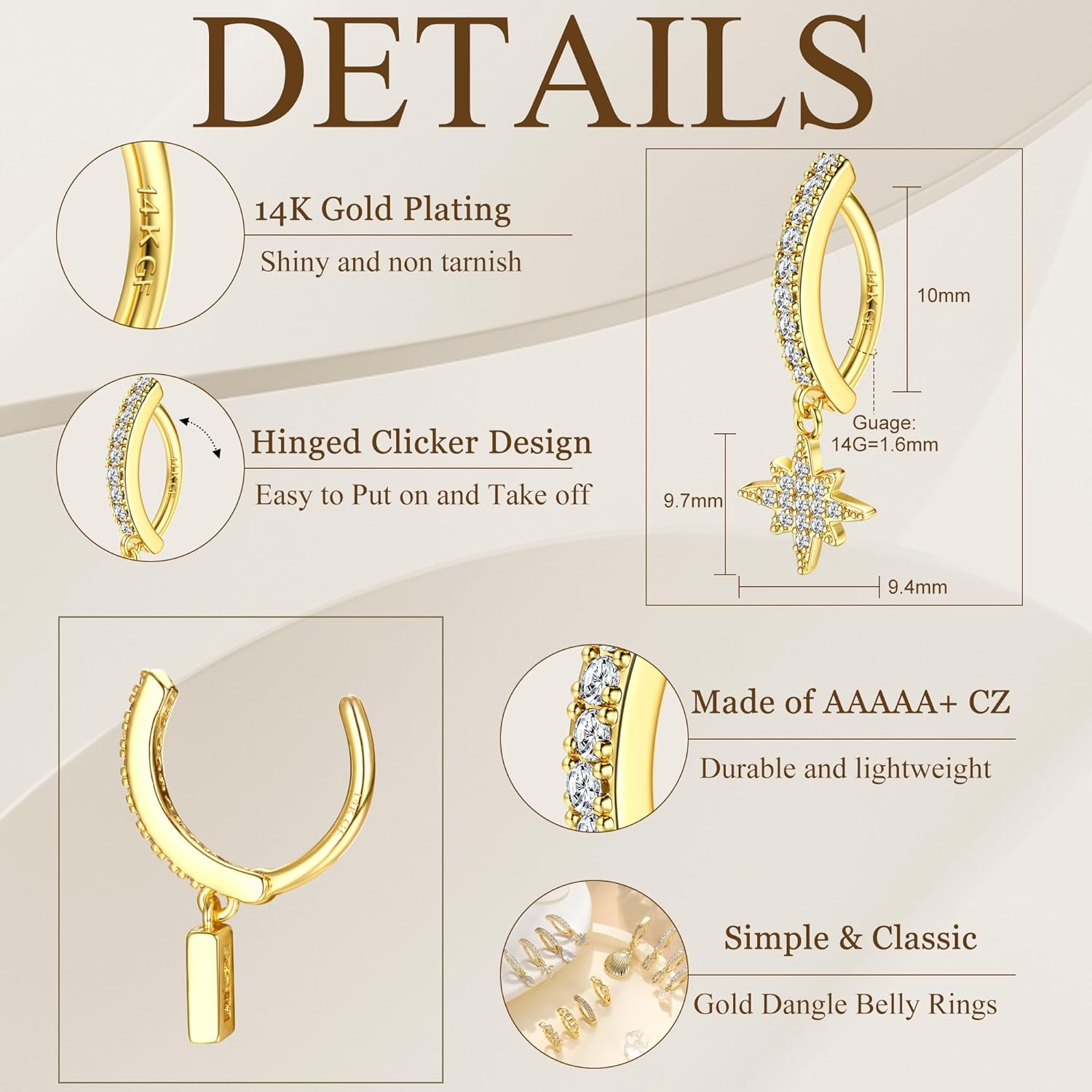 14K Gold Plated Belly Button Rings for Women Clicker Dangle Belly Rings CZ Pearl Star Shells Barbell Navel Rings 316L Surgical Steel Belly Piercing Jewelry 14G - 我的商店我的商店我的商店