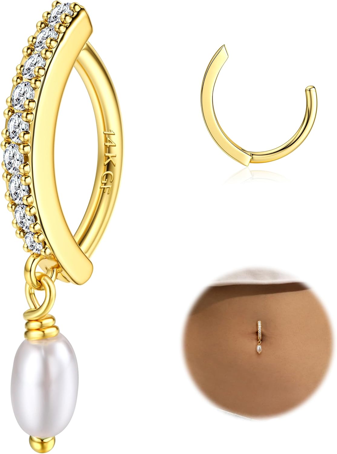 14K Gold Plated Belly Button Rings for Women Clicker Dangle Belly Rings CZ Pearl Star Shells Barbell Navel Rings 316L Surgical Steel Belly Piercing Jewelry 14G - 我的商店我的商店我的商店