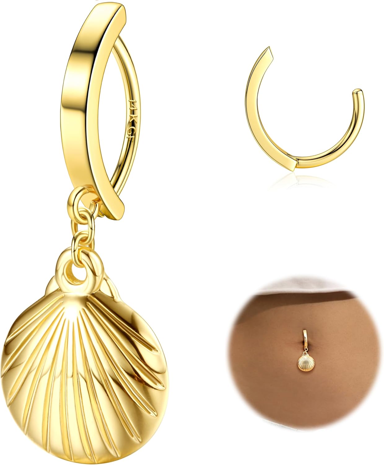 14K Gold Plated Belly Button Rings for Women Clicker Dangle Belly Rings CZ Pearl Star Shells Barbell Navel Rings 316L Surgical Steel Belly Piercing Jewelry 14G - 我的商店我的商店我的商店