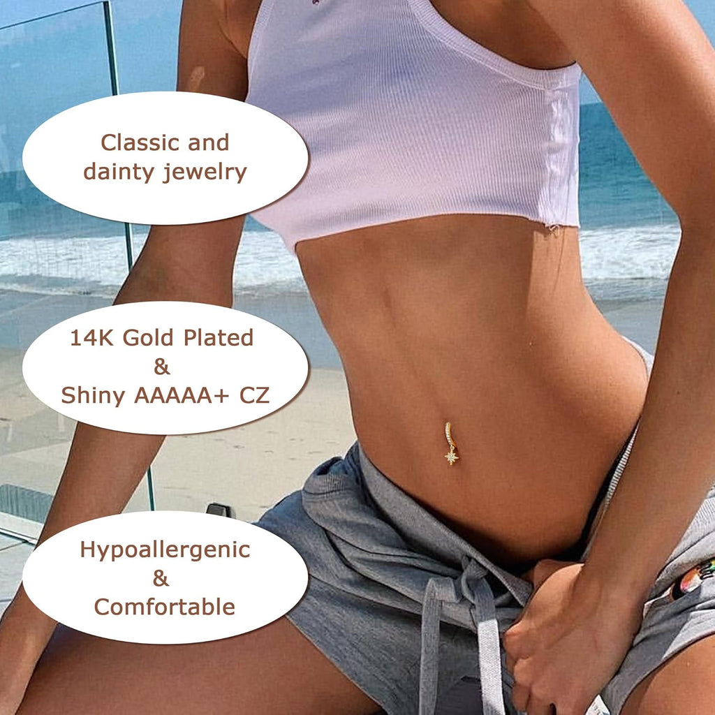 14K Gold Plated Belly Button Rings for Women Clicker Dangle Belly Rings CZ Pearl Star Shells Barbell Navel Rings 316L Surgical Steel Belly Piercing Jewelry 14G - 我的商店我的商店我的商店