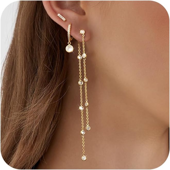 14K Gold Plated Dangle Earrings for Women Dainty Earring Stacks Trendy Hypoallergenic Hoop CZ Stud Chain Threader Earrings Set Jewelry Gift - QIAO CrystalQIAO CrystalQIAO Crystal