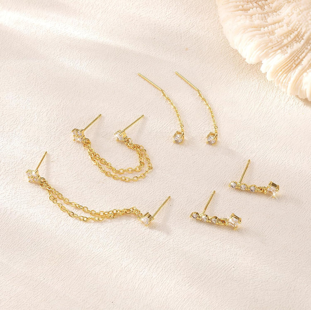 14K Gold Plated Dangle Earrings for Women Dainty Earring Stacks Trendy Hypoallergenic Hoop CZ Stud Chain Threader Earrings Set Jewelry Gift - QIAO CrystalQIAO CrystalQIAO Crystal