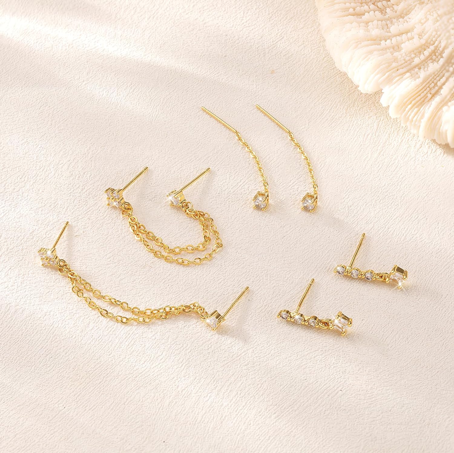 14K Gold Plated Dangle Earrings for Women Dainty Earring Stacks Trendy Hypoallergenic Hoop CZ Stud Chain Threader Earrings Set Jewelry Gift - QIAO CrystalQIAO CrystalQIAO Crystal