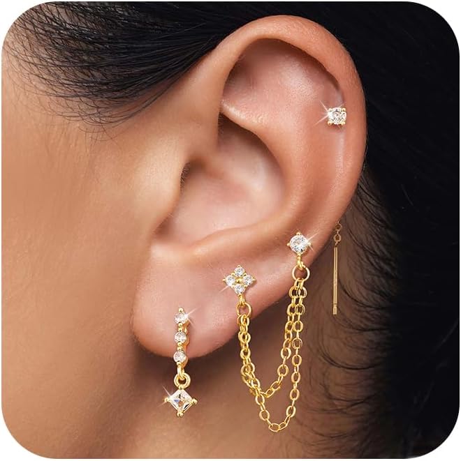 14K Gold Plated Dangle Earrings for Women Dainty Earring Stacks Trendy Hypoallergenic Hoop CZ Stud Chain Threader Earrings Set Jewelry Gift - QIAO CrystalQIAO CrystalQIAO Crystal