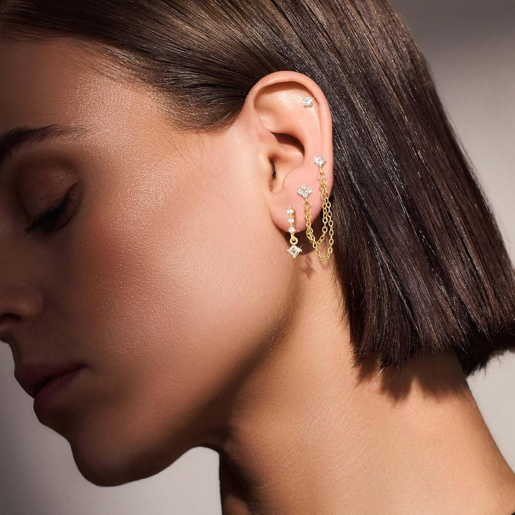 14K Gold Plated Dangle Earrings for Women Dainty Earring Stacks Trendy Hypoallergenic Hoop CZ Stud Chain Threader Earrings Set Jewelry Gift - QIAO CrystalQIAO CrystalQIAO Crystal