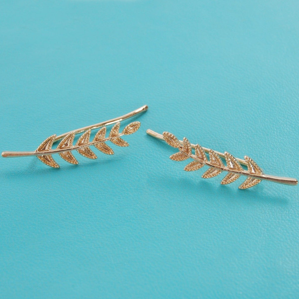 14K Gold Plated or Silver Tone Ear Crawler Earrings for Women - Delicate Leaf Ear Climbers, Hypoallergenic Ear Cuff Studs - QIAO Crystal我的商店QIAO Crystal