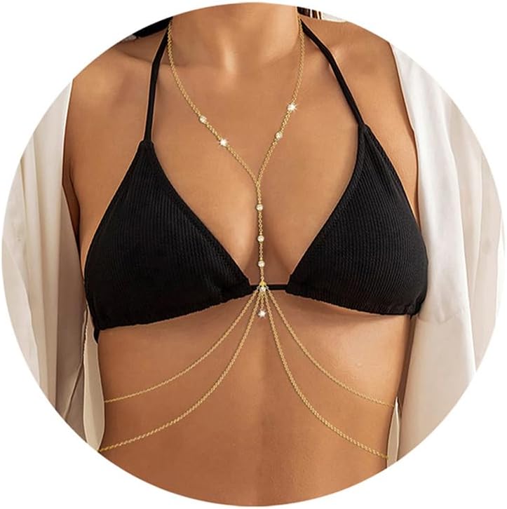 14K Gold Plated Sexy Body Chains Layered Rhinestone Crossover Bikini Bra Summer Beach Crystal Belly Waist Chain - QIAO CrystalQIAO CrystalQIAO Crystal