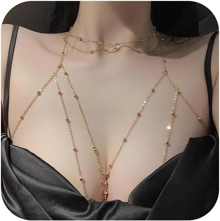 14K Gold Plated Sexy Body Chains Layered Rhinestone Crossover Bikini Bra Summer Beach Crystal Belly Waist Chain - QIAO CrystalQIAO CrystalQIAO Crystal