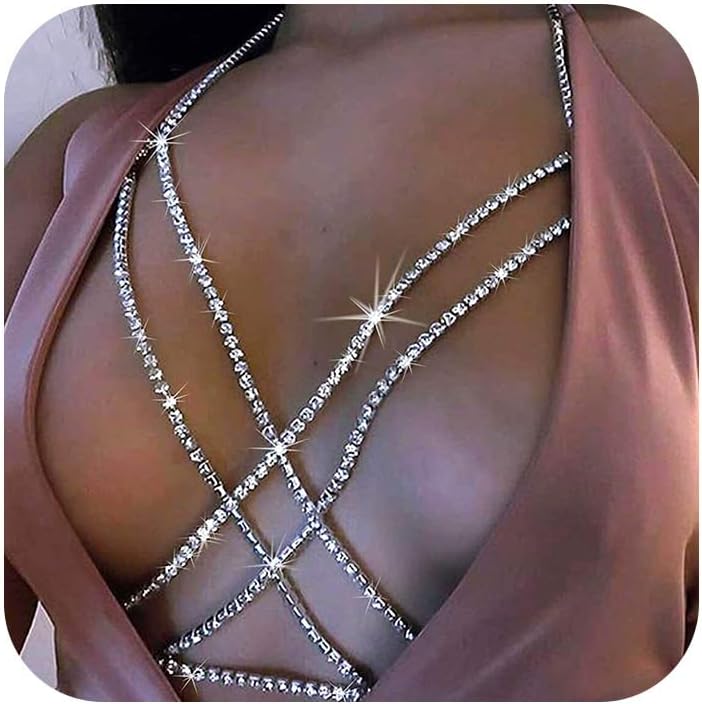 14K Gold Plated Sexy Body Chains Layered Rhinestone Crossover Bikini Bra Summer Beach Crystal Belly Waist Chain - QIAO CrystalQIAO CrystalQIAO Crystal