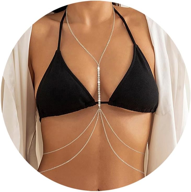 14K Gold Plated Sexy Body Chains Layered Rhinestone Crossover Bikini Bra Summer Beach Crystal Belly Waist Chain - QIAO CrystalQIAO CrystalQIAO Crystal
