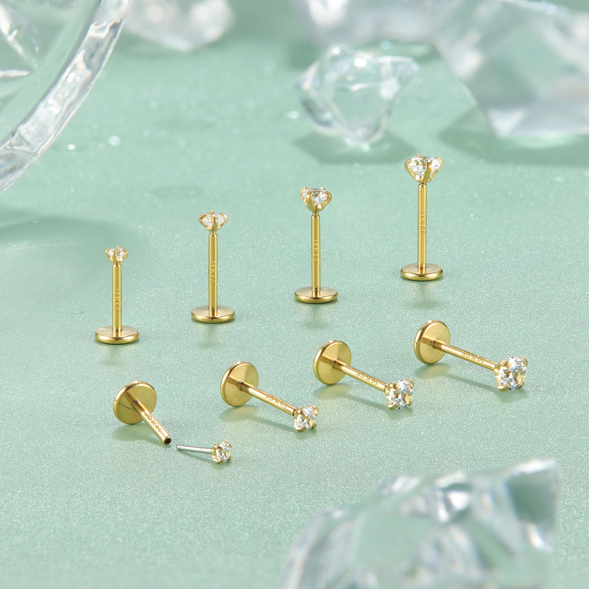 14K Gold Plated Threadless Nose Studs CZ Nose Rings for Women Men 316L Surgical Steel Labret Studs Lip Rings Push in Flat Back Stud Earrings CZ Nose Nostril Tragus Helix Piercing Jewelry Hypoallergenic 20G 18G 16G - QIAO Crystal我的商店QIAO Crystal