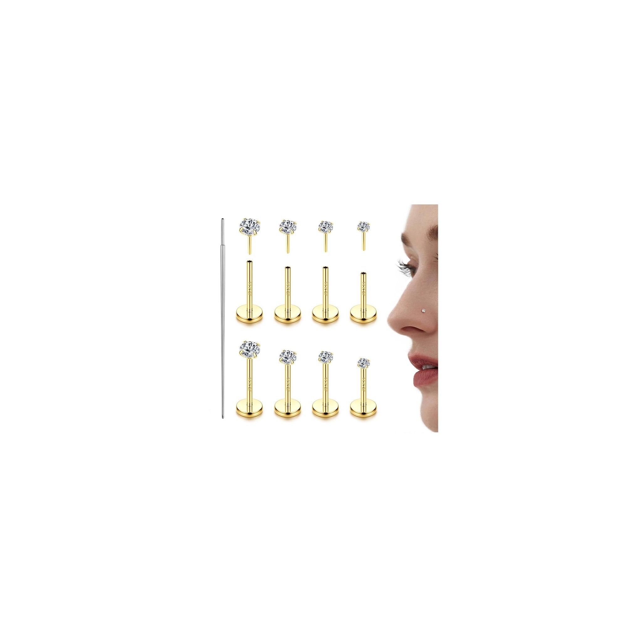 14K Gold Plated Threadless Nose Studs CZ Nose Rings for Women Men 316L Surgical Steel Labret Studs Lip Rings Push in Flat Back Stud Earrings CZ Nose Nostril Tragus Helix Piercing Jewelry Hypoallergenic 20G 18G 16G - QIAO Crystal我的商店QIAO Crystal