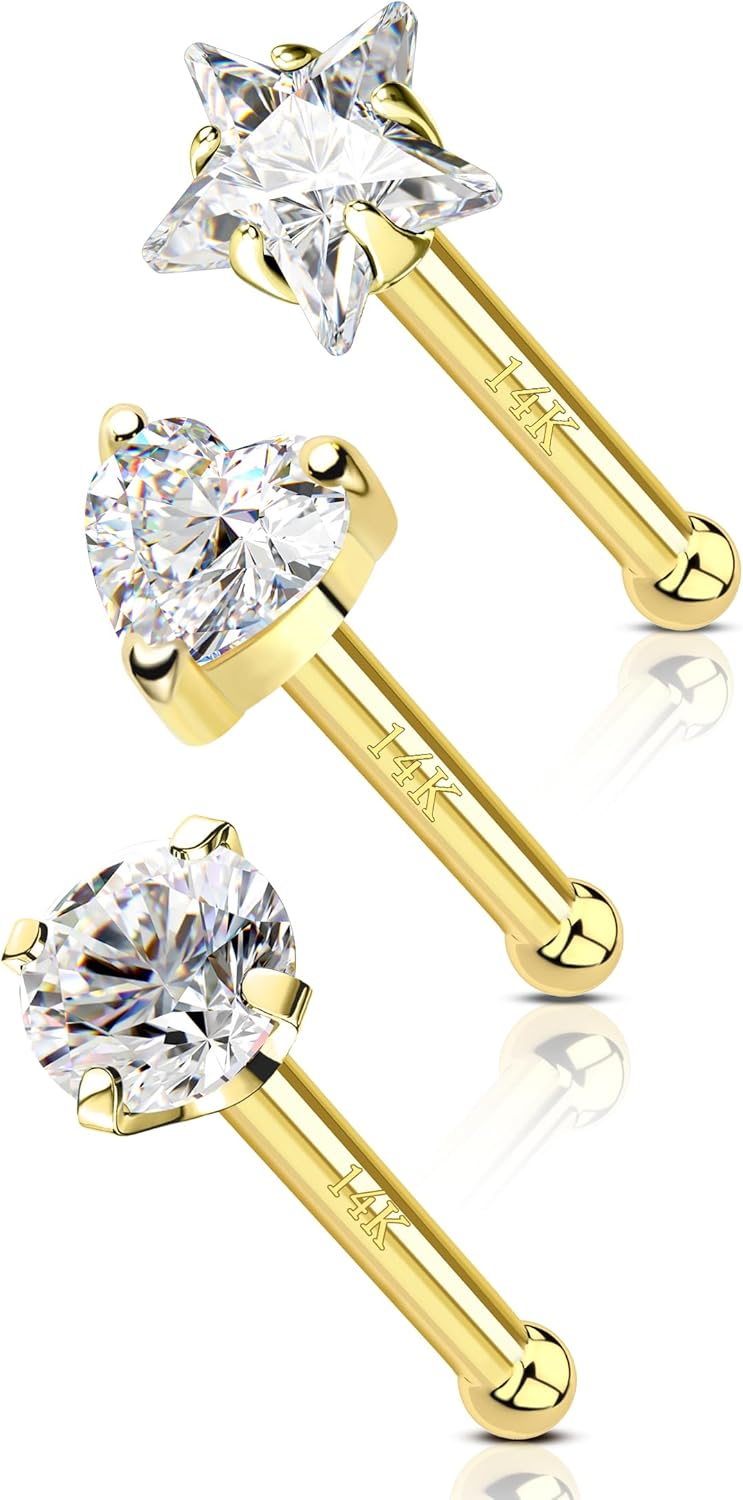 14k Solid Gold Heart Star Nose Stud 20g Bone Nose Stud Hypoallergenic - QIAO CrystalQIAO CrystalQIAO Crystal