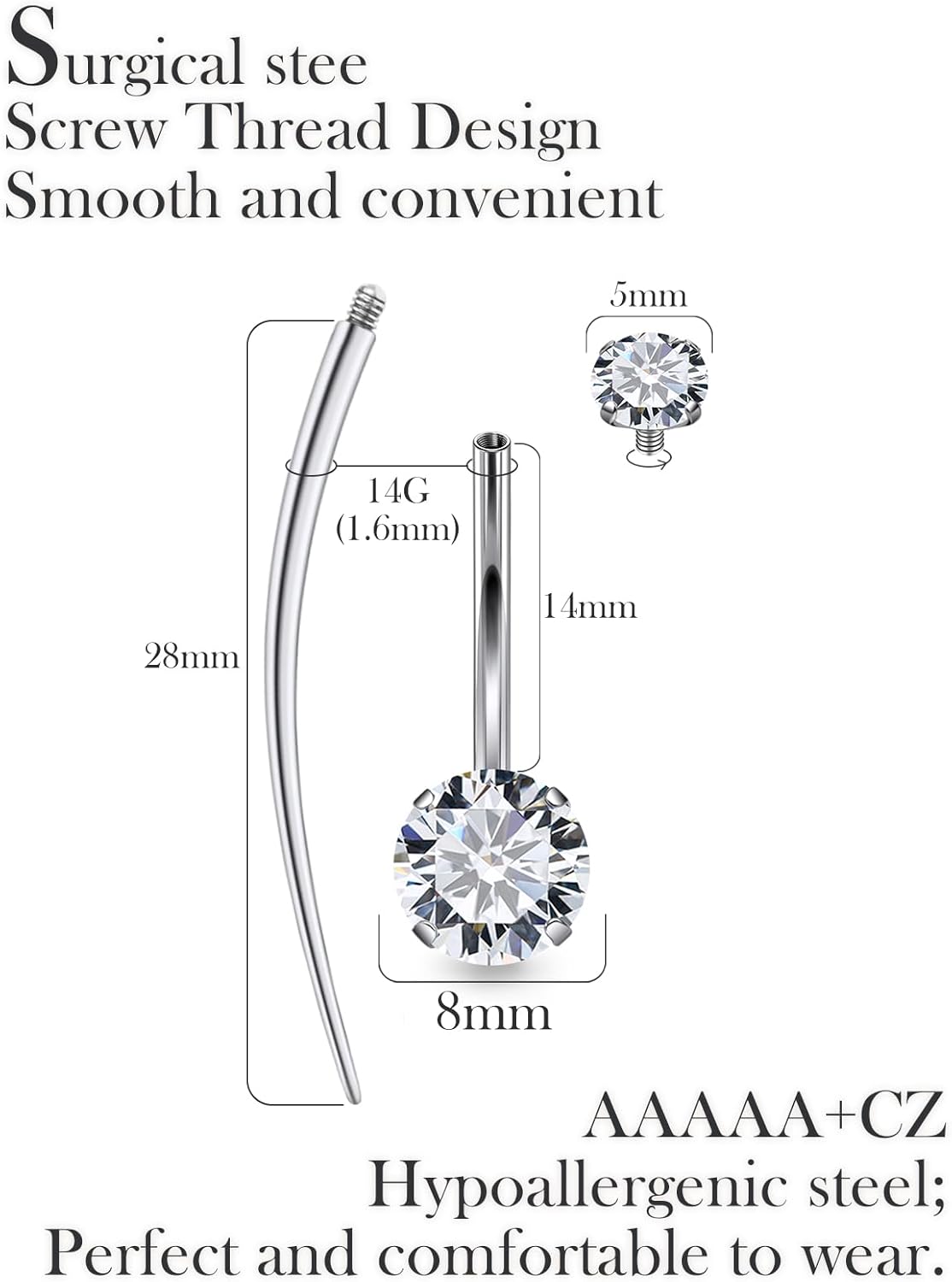 14mm 16mm Long Belly Button Ring 14G Hypoallergenic Surgical Steel Cubic Zirconia Long Bar navel Piercing Jewelry Taper Tool - 我的商店我的商店我的商店