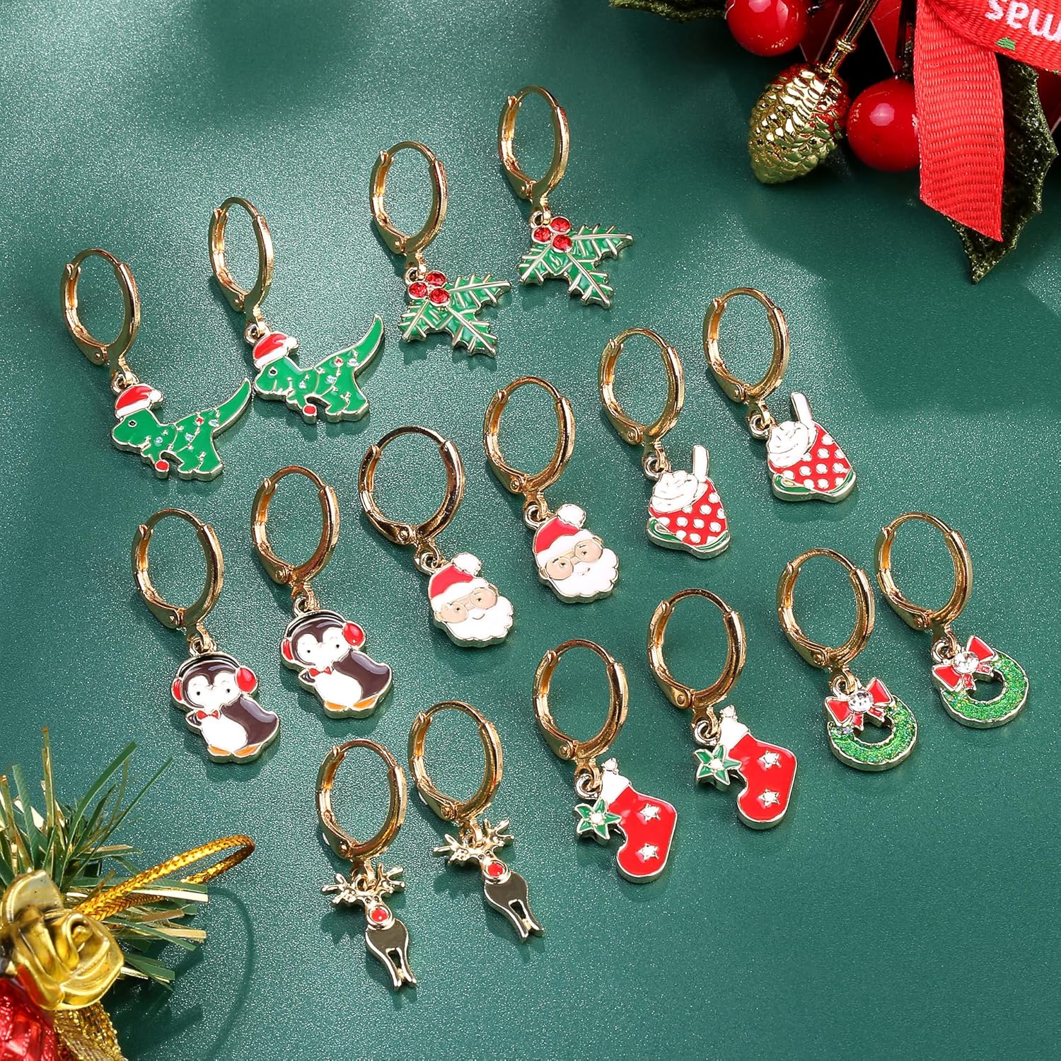 16 Pairs Hypoallergenic Christmas Hoop Earrings Set for Girls Christmas Tree Snowflake Bow Bell Snowman Penguin Earrings Small Dangle Hoop Christmas Earrings Bulk Teen Girls Women Xmas Holiday Jewelry - 我的商店我的商店我的商店