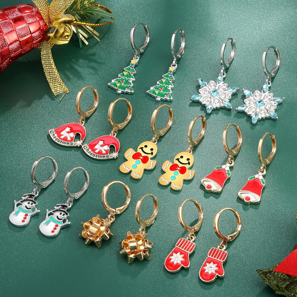 16 Pairs Hypoallergenic Christmas Hoop Earrings Set for Girls Christmas Tree Snowflake Bow Bell Snowman Penguin Earrings Small Dangle Hoop Christmas Earrings Bulk Teen Girls Women Xmas Holiday Jewelry - 我的商店我的商店我的商店