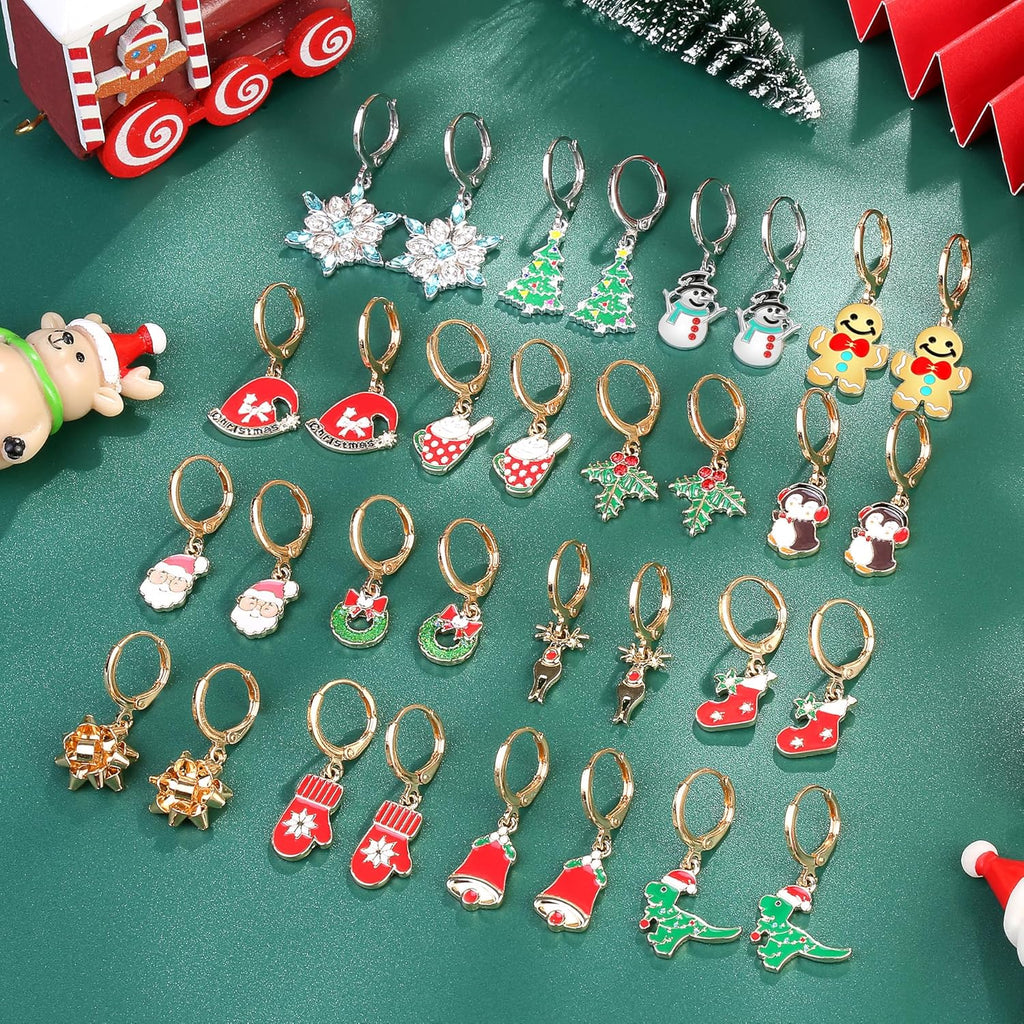 16 Pairs Hypoallergenic Christmas Hoop Earrings Set for Girls Christmas Tree Snowflake Bow Bell Snowman Penguin Earrings Small Dangle Hoop Christmas Earrings Bulk Teen Girls Women Xmas Holiday Jewelry - 我的商店我的商店我的商店