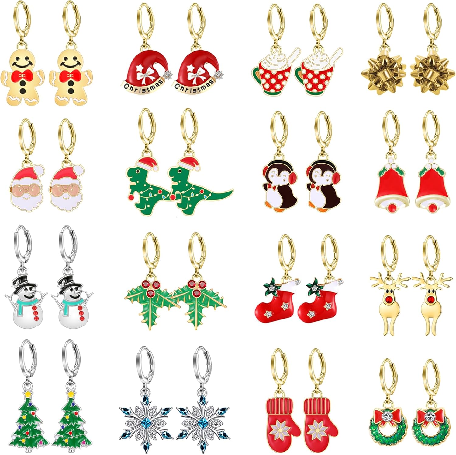 16 Pairs Hypoallergenic Christmas Hoop Earrings Set for Girls Christmas Tree Snowflake Bow Bell Snowman Penguin Earrings Small Dangle Hoop Christmas Earrings Bulk Teen Girls Women Xmas Holiday Jewelry - 我的商店我的商店我的商店
