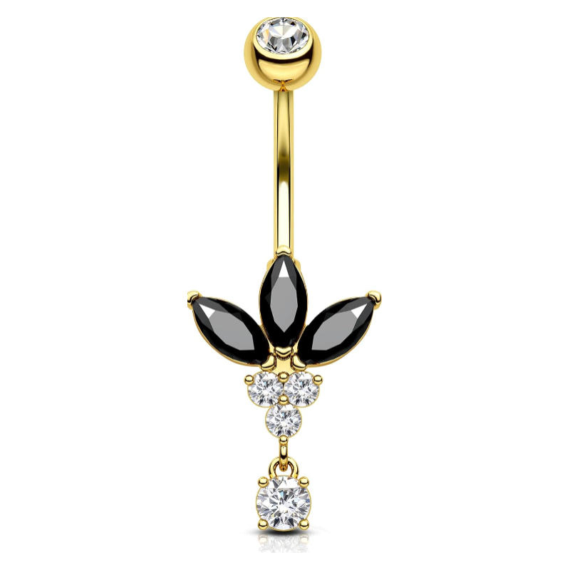 Black Lotus Belly Button Rings, 14G Gold Dangle Belly Navel Rings for Women, Stainless Steel Belly Navel Piercing Jewelry