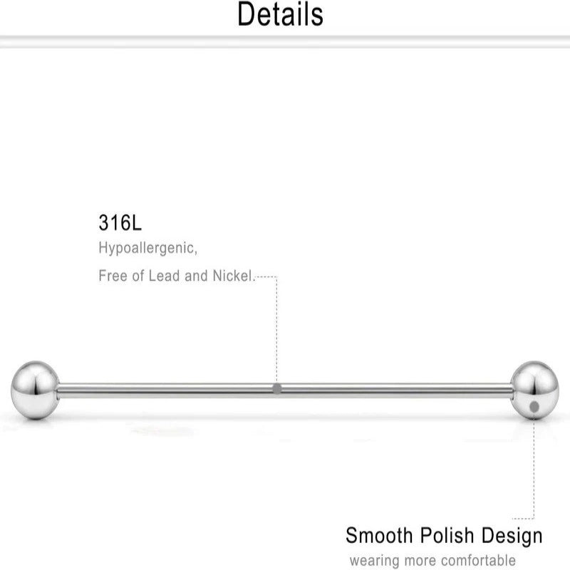 Long Industrial Barbell 45mm (1.77") 16G 14G Surgical Steel Industrial Earrings