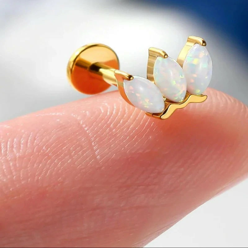 16G 6/8MM 316L Surgical Steel Flat Back Opal Leaf Forward Helix Earrings