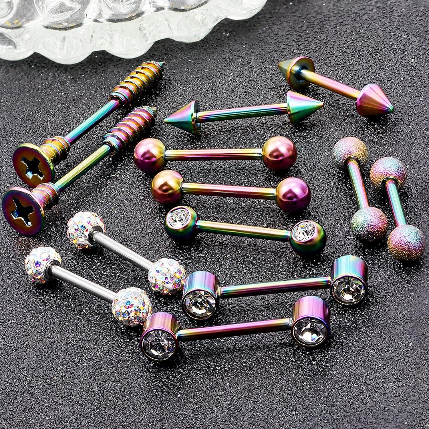 16G 14G Nipple Piercing Jewelry Tongue Rings Hypoallergenic 316L Surgical Steel Nipple Tongue Barbells Piercing Jewelry for Women Men Shining and Cute 12 Pairs - QIAO CrystalQIAO CrystalQIAO Crystal