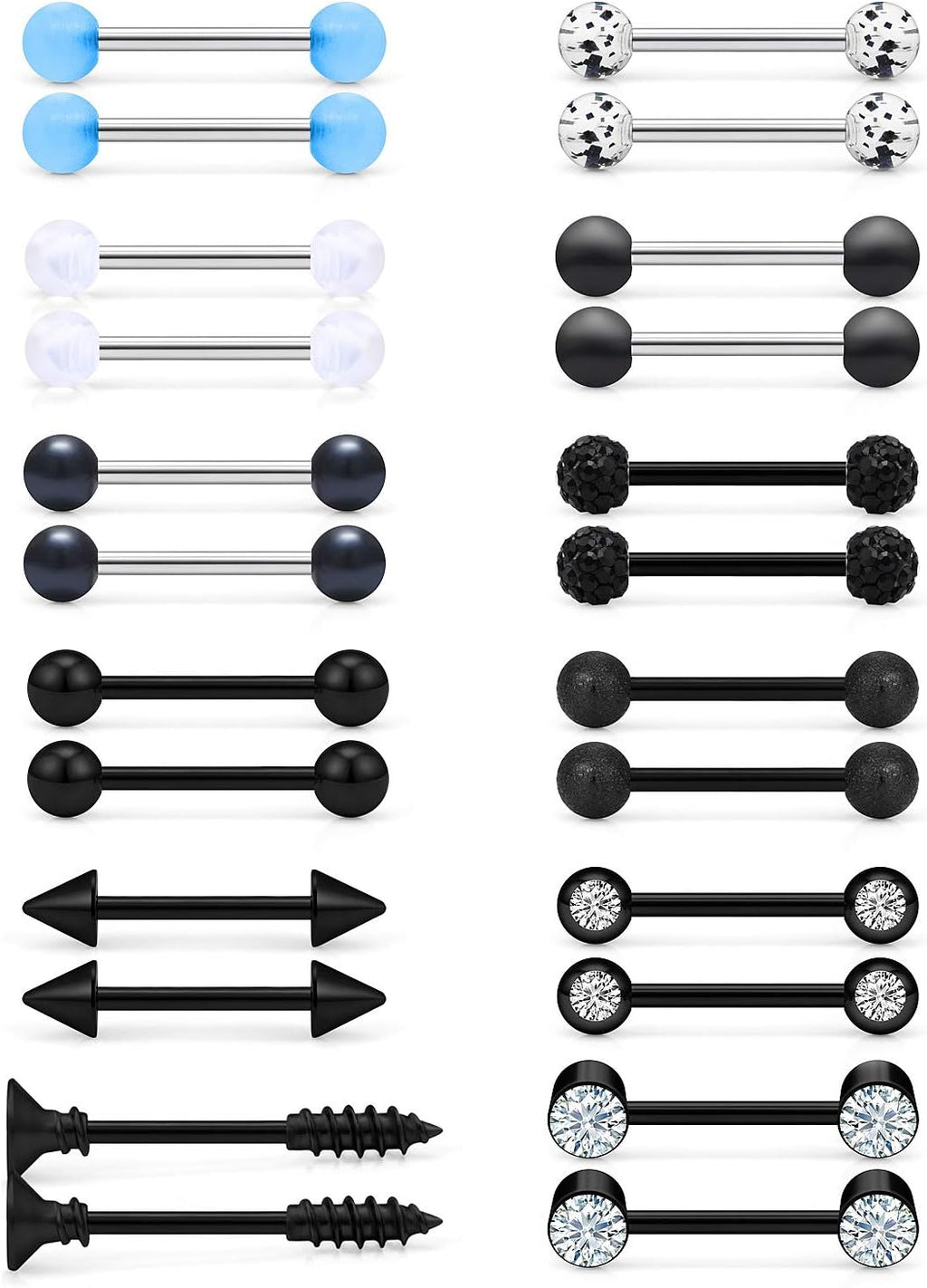 16G 14G Nipple Piercing Jewelry Tongue Rings Hypoallergenic 316L Surgical Steel Nipple Tongue Barbells Piercing Jewelry for Women Men Shining and Cute 12 Pairs - QIAO CrystalQIAO CrystalQIAO Crystal