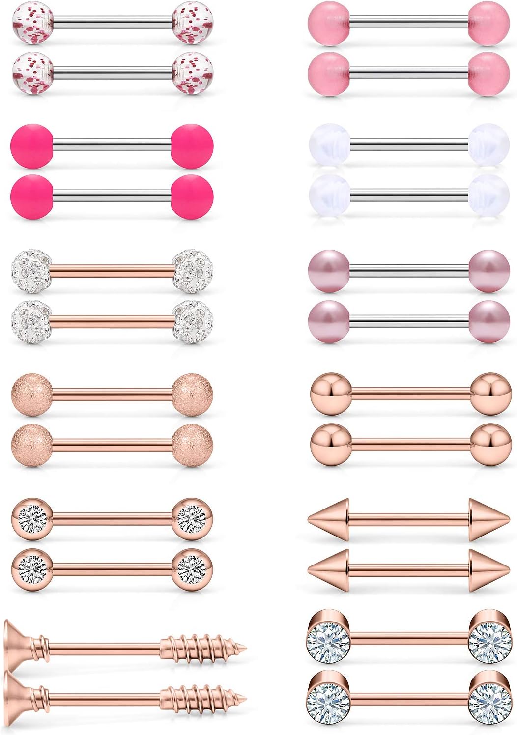 16G 14G Nipple Piercing Jewelry Tongue Rings Hypoallergenic 316L Surgical Steel Nipple Tongue Barbells Piercing Jewelry for Women Men Shining and Cute 12 Pairs - QIAO CrystalQIAO CrystalQIAO Crystal