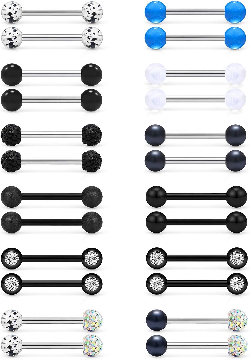 16G 14G Nipple Piercing Jewelry Tongue Rings Hypoallergenic 316L Surgical Steel Nipple Tongue Barbells Piercing Jewelry for Women Men Shining and Cute 12 Pairs - QIAO CrystalQIAO CrystalQIAO Crystal