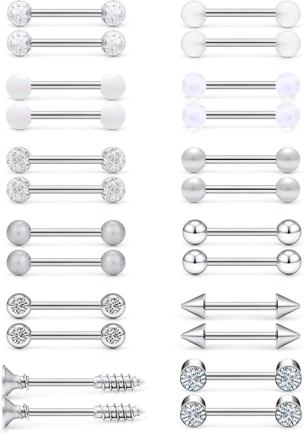 16G 14G Nipple Piercing Jewelry Tongue Rings Hypoallergenic 316L Surgical Steel Nipple Tongue Barbells Piercing Jewelry for Women Men Shining and Cute 12 Pairs - QIAO CrystalQIAO CrystalQIAO Crystal