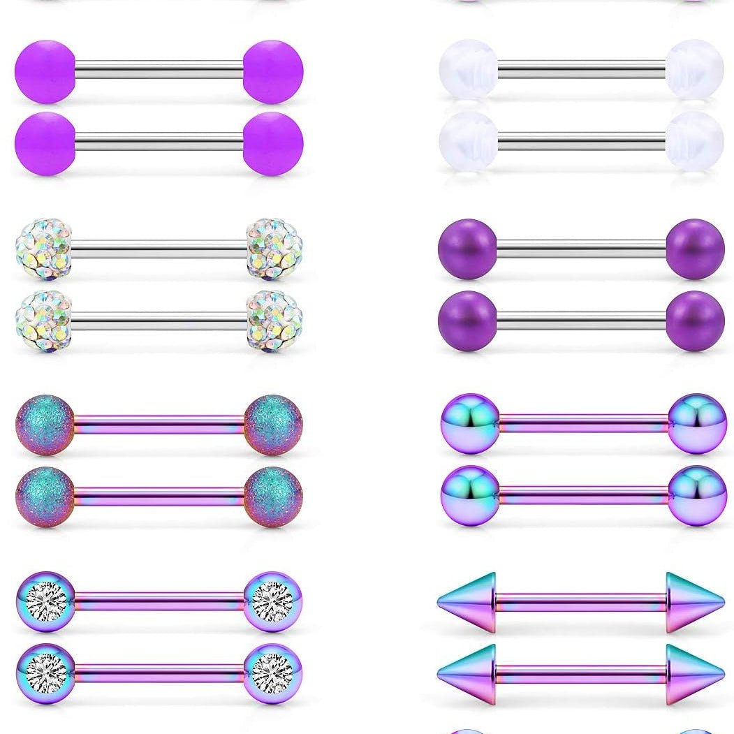 16G 14G Nipple Piercing Jewelry Tongue Rings Hypoallergenic 316L Surgical Steel Nipple Tongue Barbells Piercing Jewelry for Women Men Shining and Cute 12 Pairs - QIAO CrystalQIAO CrystalQIAO Crystal