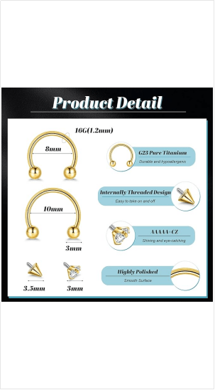 16G 18G G23 Pure Titanium Horseshoe Septum Rings for Women Men Septum Nose Ring Hoop Internally Threaded Lip Cartilage Helix Tragus Earring Eyebrow Daith Piercing Jewelry with Replacement Ball - QIAO Crystal我的商店QIAO Crystal
