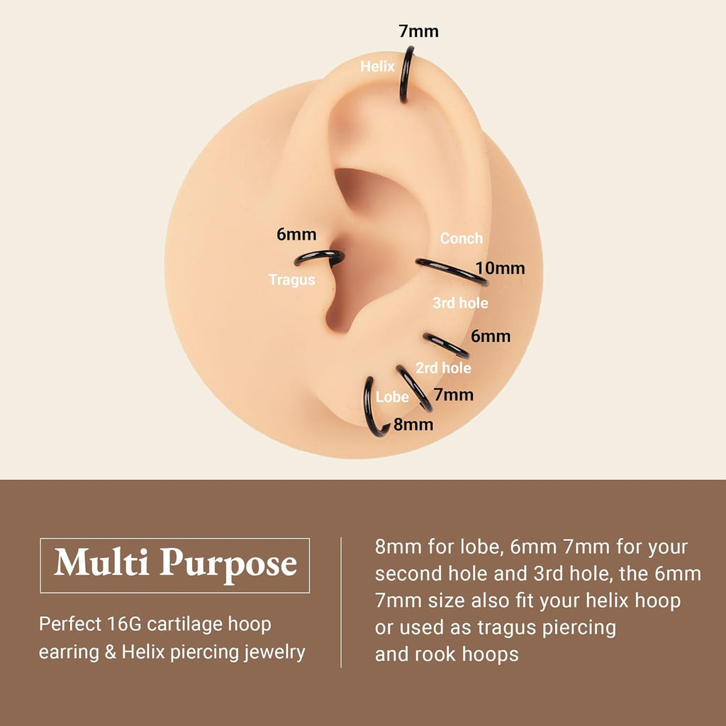 16G 6 - 10MM 16G Nose Hoop Tragus Helix Cartilage HoopHinged Clicker Septum Rings - QIAO CrystalQIAO CrystalQIAO Crystal