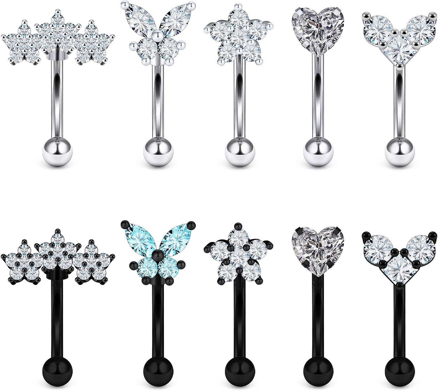 16g 8mm Silver/Black/Rainbow Eyebrow Piercing Jewelry Rings Curved Barbell Surgical Steel Small Belly Button Rook Earrings for Women Men - 我的商店我的商店我的商店